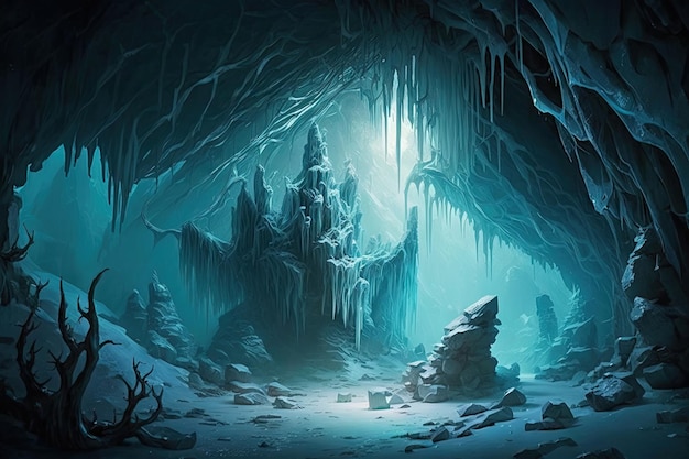 Una caverna ghiacciata con ghiaccioli che pendono dal soffitto e stalattiti che si estendono verso il pavimento cre