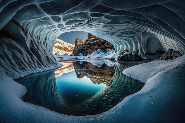 Una caverna ghiacciata con un fiume che l'attraversa creando bellissimi riflessi creati con i generati