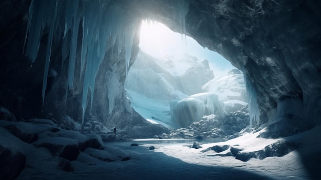 Una caverna ghiacciata con una persona in piedi nel mezzo di essagenerative ai