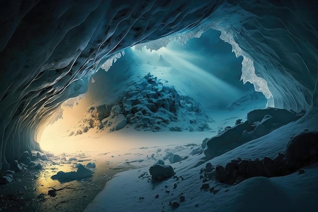 Una caverna ghiacciata illuminata da un raggio di luce che scorre attraverso un foro nel soffitto creato con