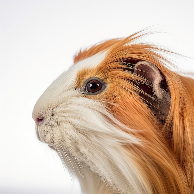 Una cavia a pelo lungo con pelliccia marrone e bianca