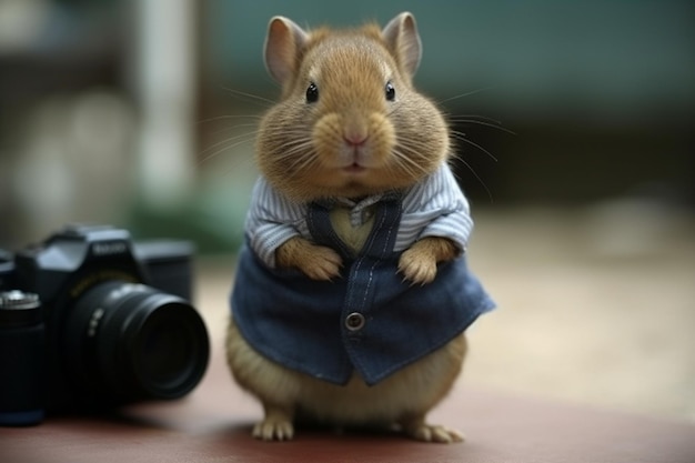 Una cavia che indossa un vestito blu e un gilet blu.