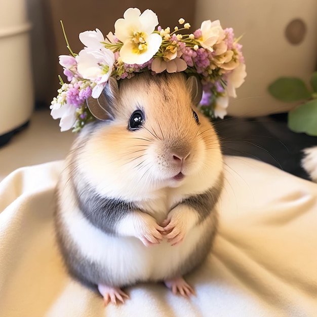 Una cavia che indossa una corona di fiori