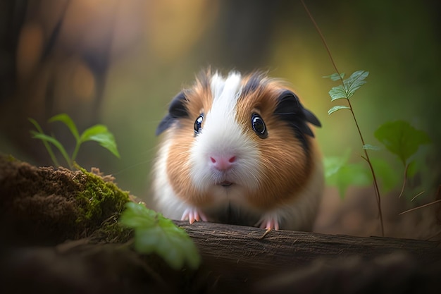 Una cavia si siede su un tronco nel bosco.