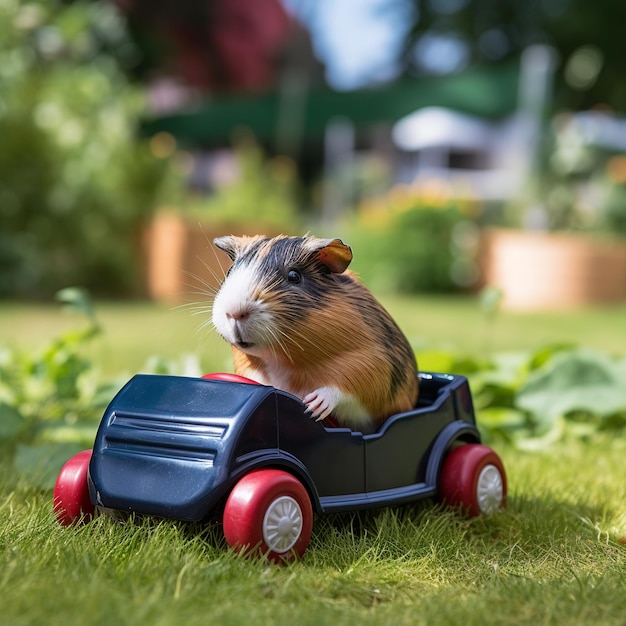 Una cavia sta cavalcando in una macchinina sull'erba.