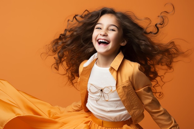 Una celebrazione della gioia e della giovinezza Una ragazza carina che balla su un pavimento arancione