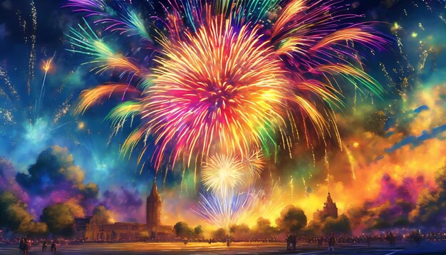 Una celebrazione esplosiva accende un vivace spettacolo di fuochi d'artificio all'aperto generato dall'AI