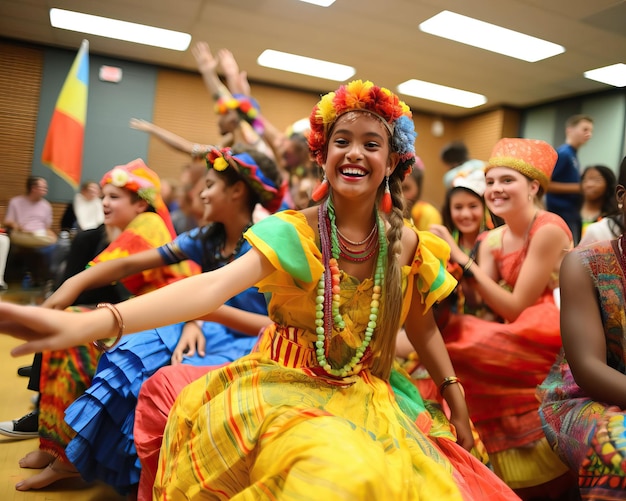 Una celebrazione multiculturale nell'auditorium della scuola con studenti vestiti con abiti tradizionali