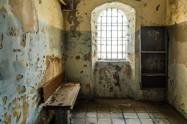 Una cella di prigione abbandonata con la luce del sole che scorre attraverso le sbarre