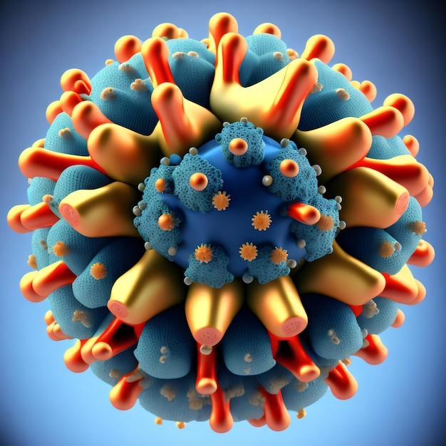 Una cellula di coronavirus con uno sfondo nero e blu.