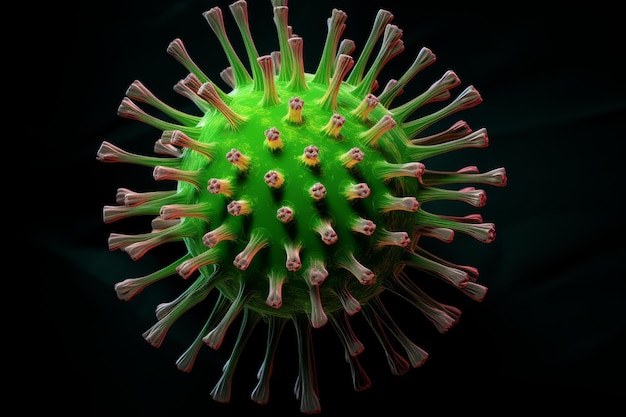 una cellula verde del virus dell'influenza su uno sfondo nero illustrazione tridimensionale