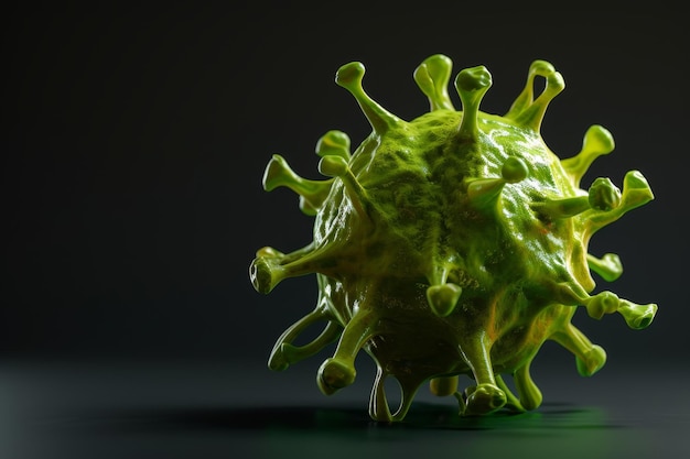 una cellula verde del virus dell'influenza su uno sfondo nero illustrazione tridimensionale