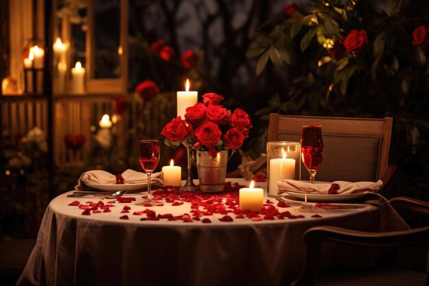 Una cena romantica a lume di candela per due adornata con fiori e decorazioni a forma di cuore