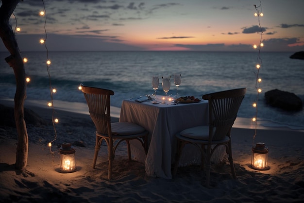 Una cena romantica sulla spiaggia al tramonto