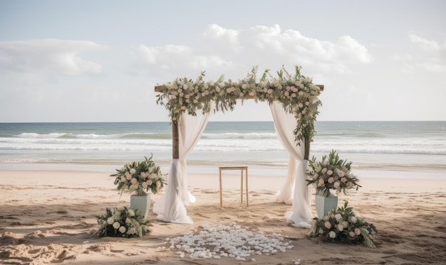 Una cerimonia di matrimonio sulla spiaggia con fiori bianchi e rosa