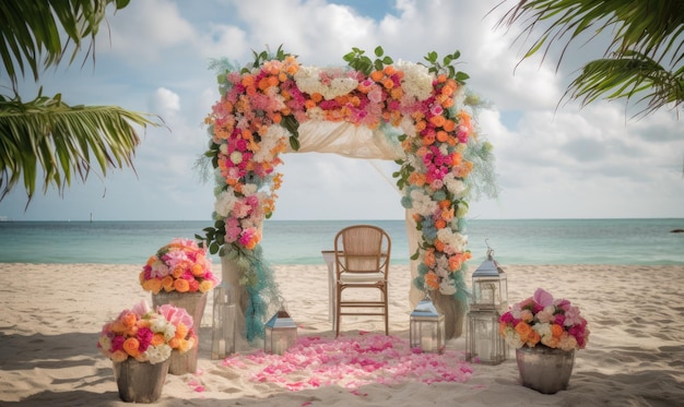 Una cerimonia di matrimonio sulla spiaggia con sedia e fiori.