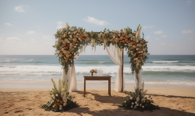 Una cerimonia di matrimonio sulla spiaggia con tavolo e fiori