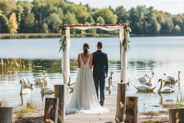 Una cerimonia di nozze a bordo del lago con i cigni che galleggiano graziosamente sullo sfondo