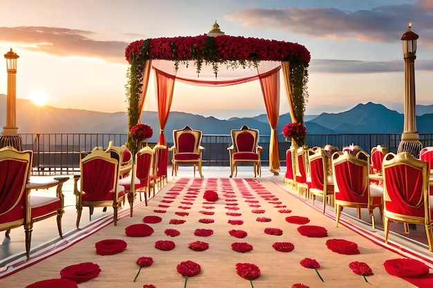 Una cerimonia nuziale con rose rosse sul balcone