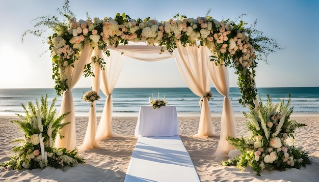 una cerimonia nuziale sulla spiaggia con l'oceano sullo sfondo