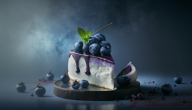 Una cheesecake ai mirtilli con sopra i mirtilli