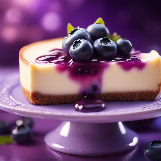 Una cheesecake ai mirtilli in uno sfondo naturale di colore viola