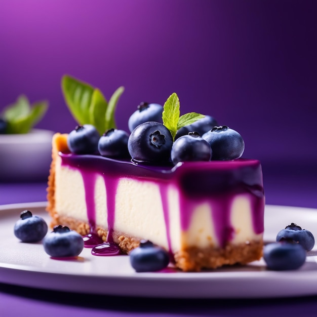 Una cheesecake ai mirtilli in uno sfondo naturale di colore viola