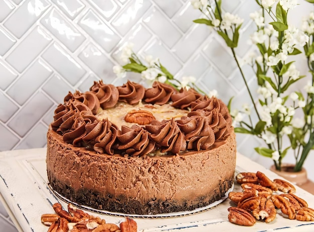 Una cheesecake al cioccolato con noci pecan in cima si trova su un tavolo con fiori sullo sfondo.