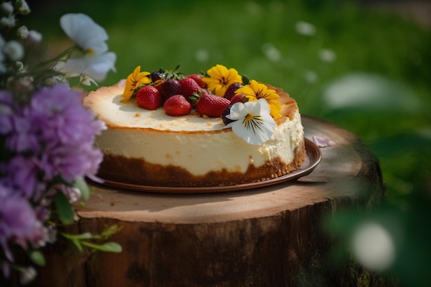 Una cheesecake con dei fiori sopra e una ciliegina in cima.