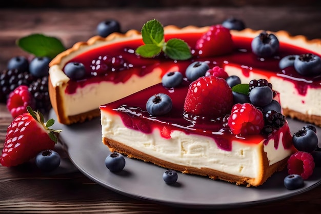 Una cheesecake con lamponi e foglie di menta su un piatto.