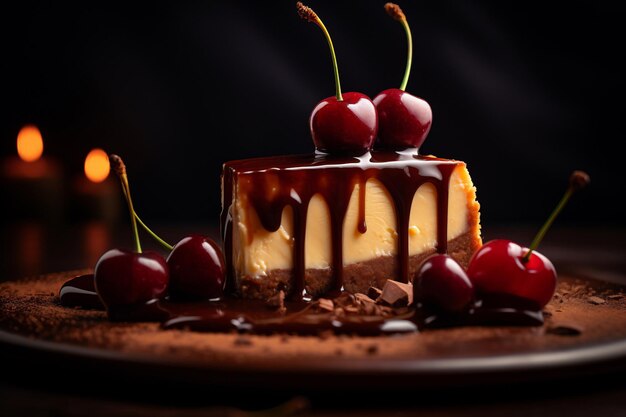 Una cheesecake con una salsa al cioccolato spruzzata sopra