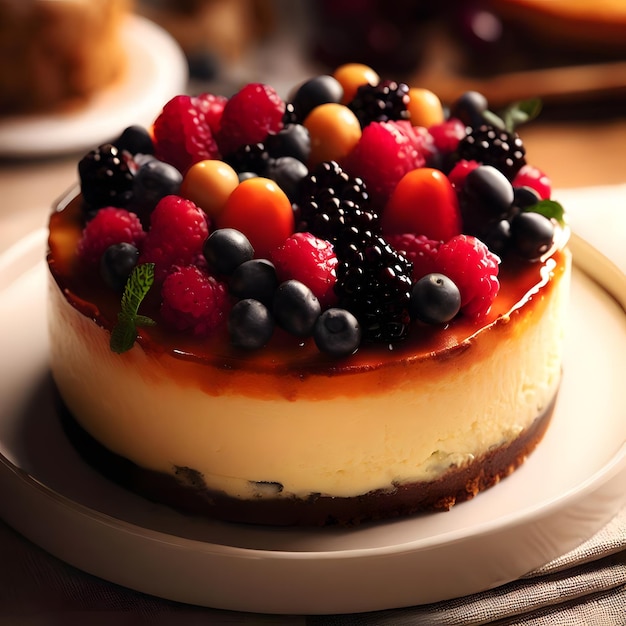 Una cheesecake premium con sopra la frutta