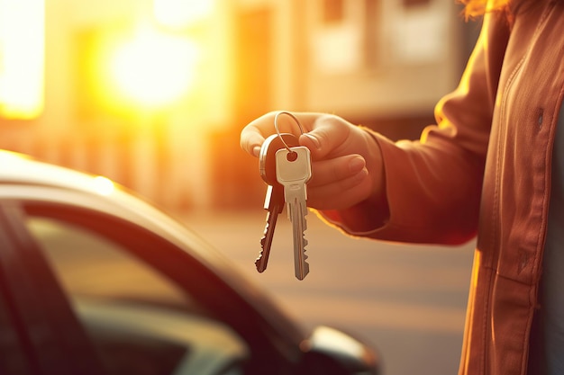 Una chiave dell'auto viene consegnata a una giovane donna che simboleggia il noleggio o la proprietà di un'auto