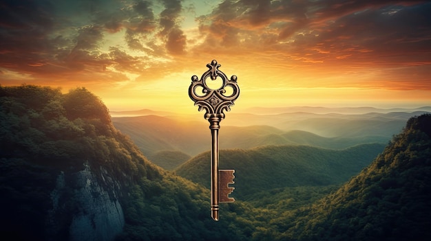 una chiave dorata con un tramonto sullo sfondo