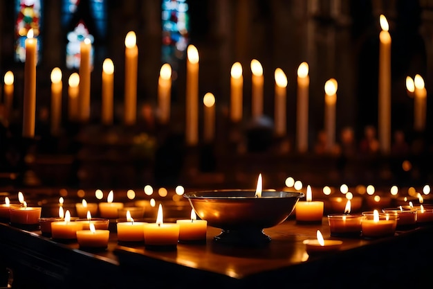 Una chiesa con candele accese al centro con una chiesa sullo sfondo.