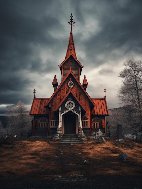 una chiesa con il tetto rosso e un orologio in cima.