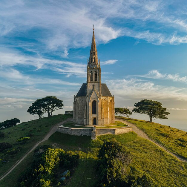 una chiesa con un campanile in cima