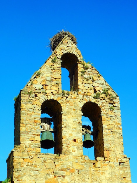 Una chiesa con un cielo azzurro e un campanile con sopra degli uccelli.