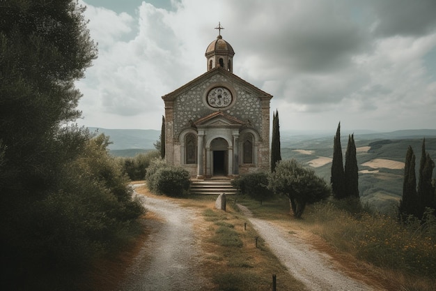 Una chiesa con un orologio sul quadrante e un cielo nuvoloso