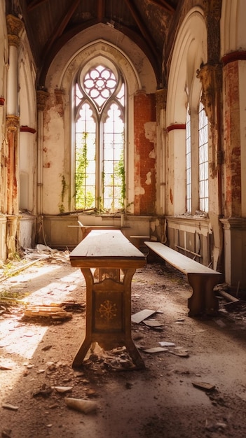 Una chiesa con una finestra della chiesa e una panchina al centro