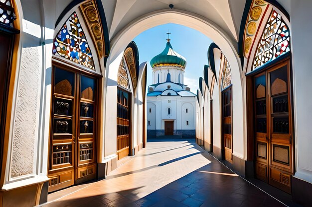 una chiesa con una finestra di vetro colorato e una moschea sullo sfondo