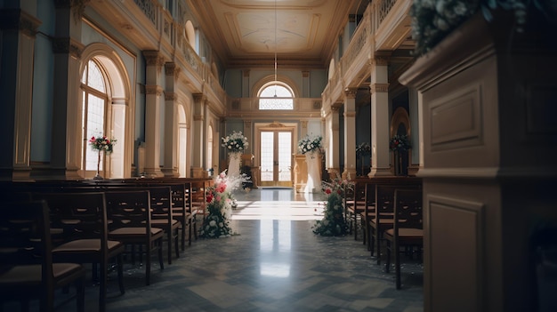 Una chiesa con una grande finestra e un mazzo di fiori sul pavimento