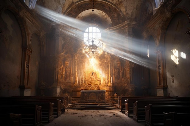 una chiesa con una luce che splende attraverso la finestra