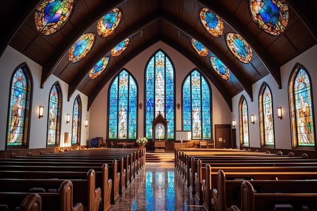 Una chiesa con vetrate colorate e una grande vetrata