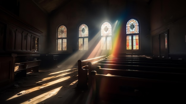 Una chiesa con vetrate colorate e una luce che entra dalla finestra