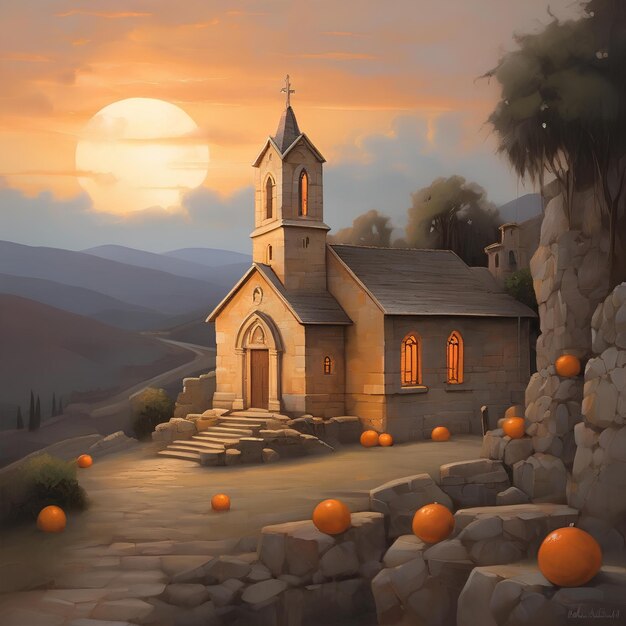 una chiesa costruita con pietre invecchiate contrapposte al caldo bagliore di una sera arancione