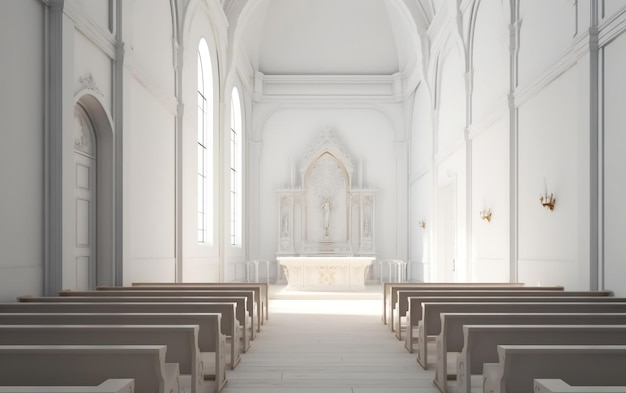 Una chiesa dai muri bianchi e un altare bianco