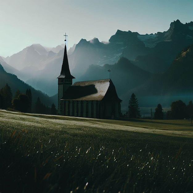 Una chiesa in un campo con le montagne sullo sfondo