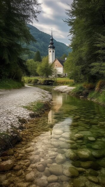 Una chiesa nel bosco con un campanile sullo sfondo