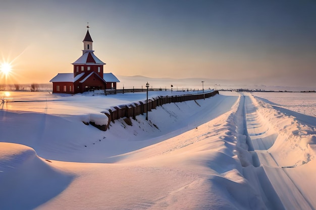 Una chiesa nella neve con il sole che tramonta dietro di essa